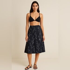 Elegant Floral Embroidered A-Line Midi Skirt, 100% Cotton, Size 6